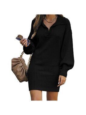 Women's Casual V Neck Knit Mini Sweater Dress Long Sleeve Loose Fit